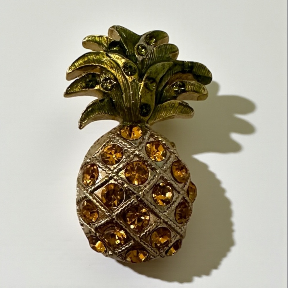 Vintage Pineapple Brooch with Green & Gold Rhinestone
